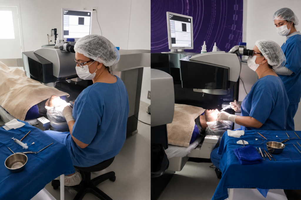 Dra. Maria Cecilia Duarte durante cirurgia refrativa PRK em Curitiba
