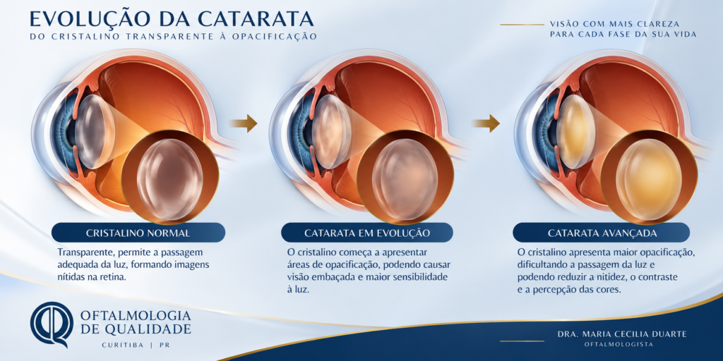 Evolução da catarata: cristalino normal, catarata em evolução e catarata avançada