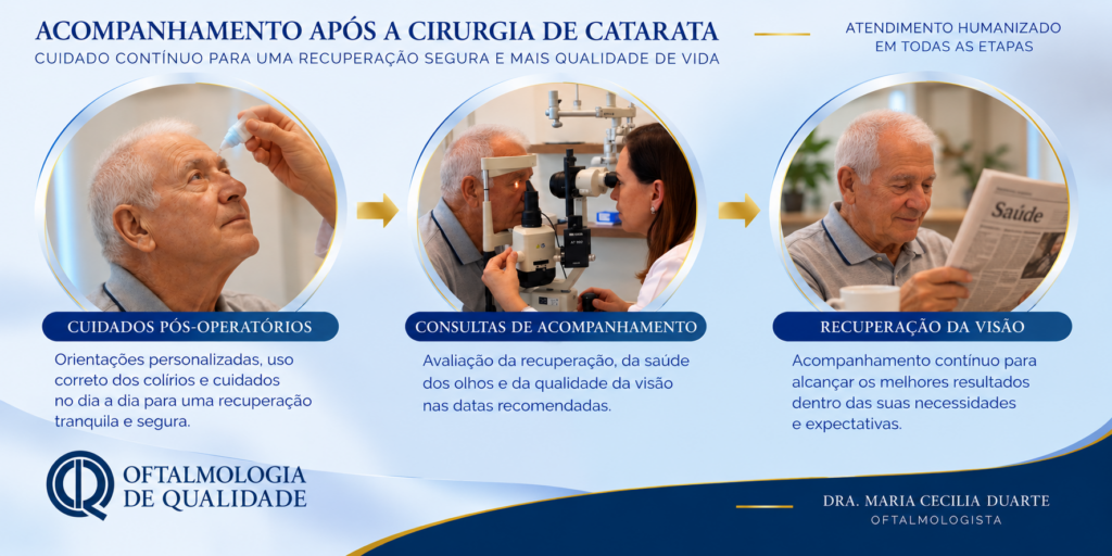 Acompanhamento após a cirurgia de catarata com cuidados pós-operatórios, consultas de acompanhamento e recuperação da visão